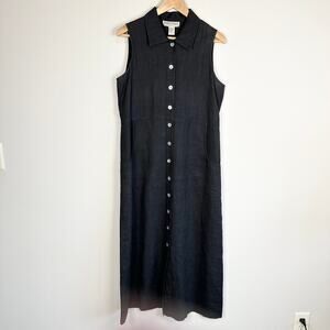 Sweet Jessie Vintage Linen Button Front Midi Shirt Dress Black Large